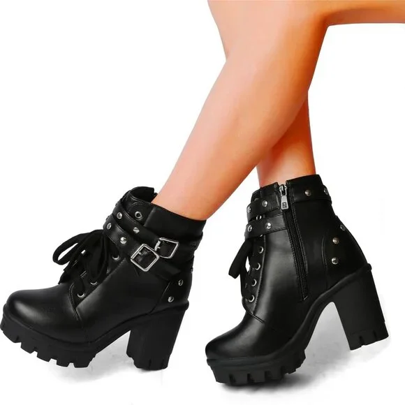 Goth Boots Microfiber Chunky Heel Ankle Combat Zipper Punk Shoes Women